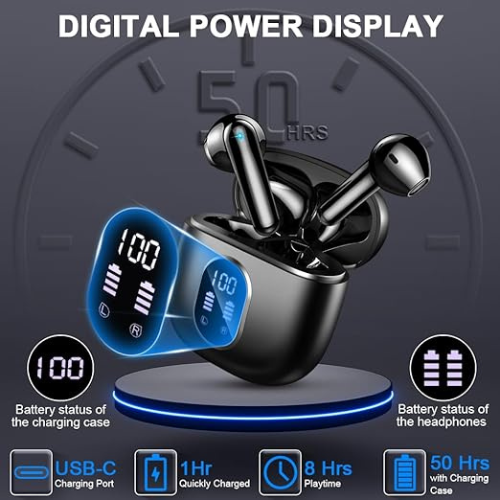 Wireless Earbud Bluetooth 5.3 Headphones 50H Playtime Stereo Bass Ear Buds, in-Ear Earphones with 4 ENC Mic LED Display