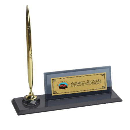 Personalized Luxury Desk Name Plate | Black Glass Desk Nameplate with Pen Holder